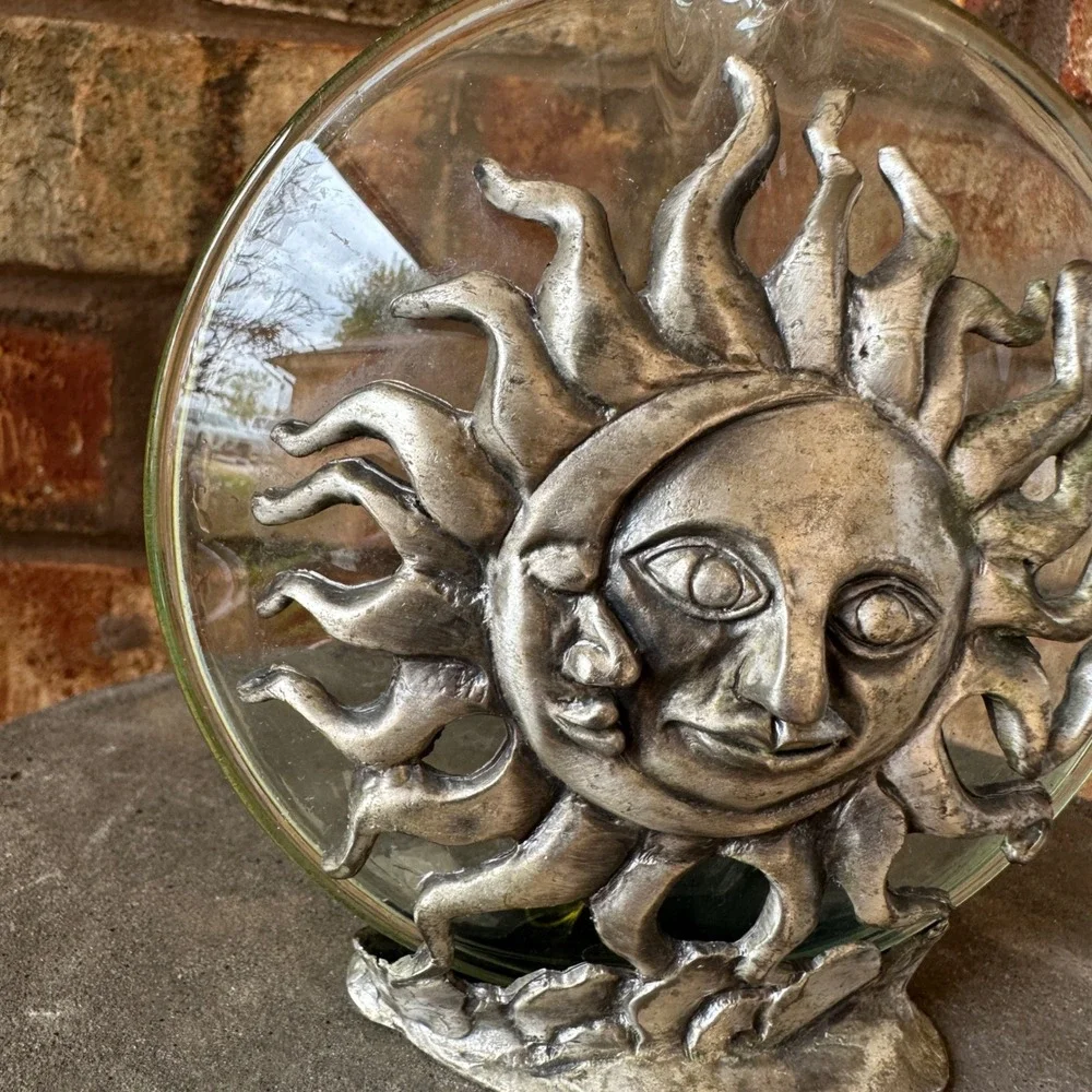 READ Celestial Sun Moon Pewter Glass Bud Vase Silver Tone Whimsigoth Decor